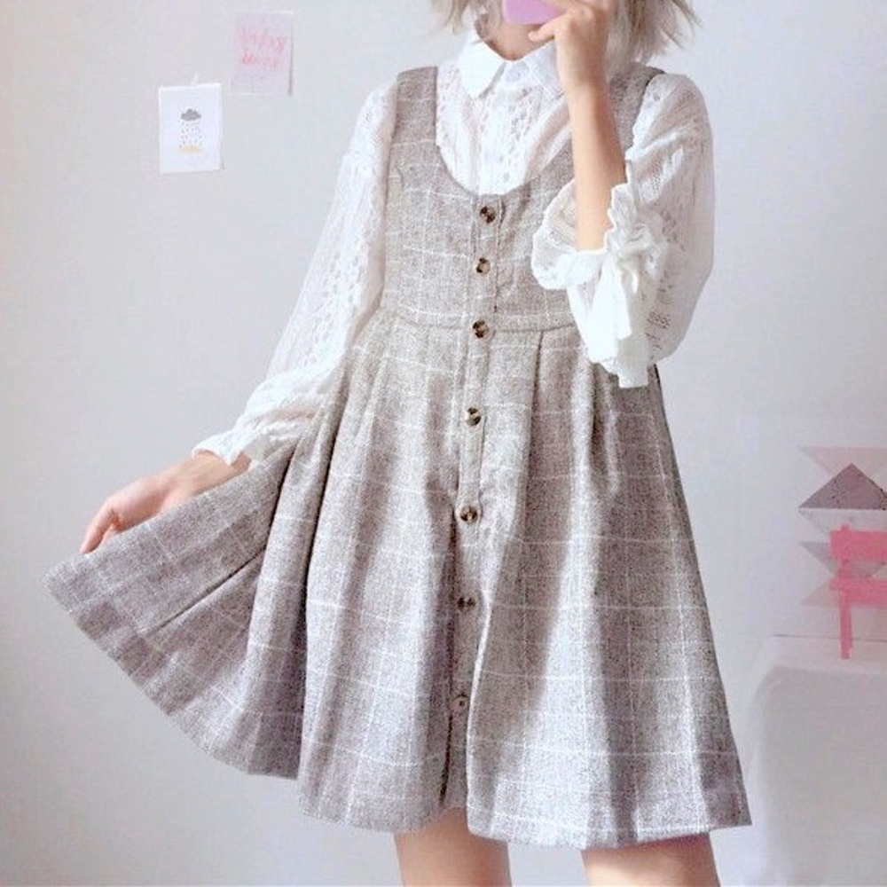 HP✨*NWT* Pinafore Buttoned Mini Dress and Lace Blouse Outfit Set /Size:Asian OS